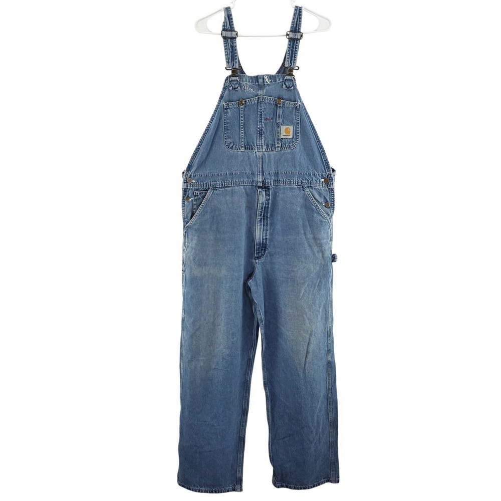 Carhartt Blue Denim Bib Overalls Mens 38x32 Rugged Workwear Broken In Utility‎